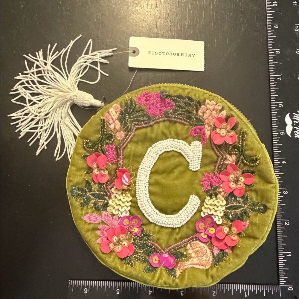 Anthropologie Olive Velvet Floral Monogram Ornament - Green & Pink